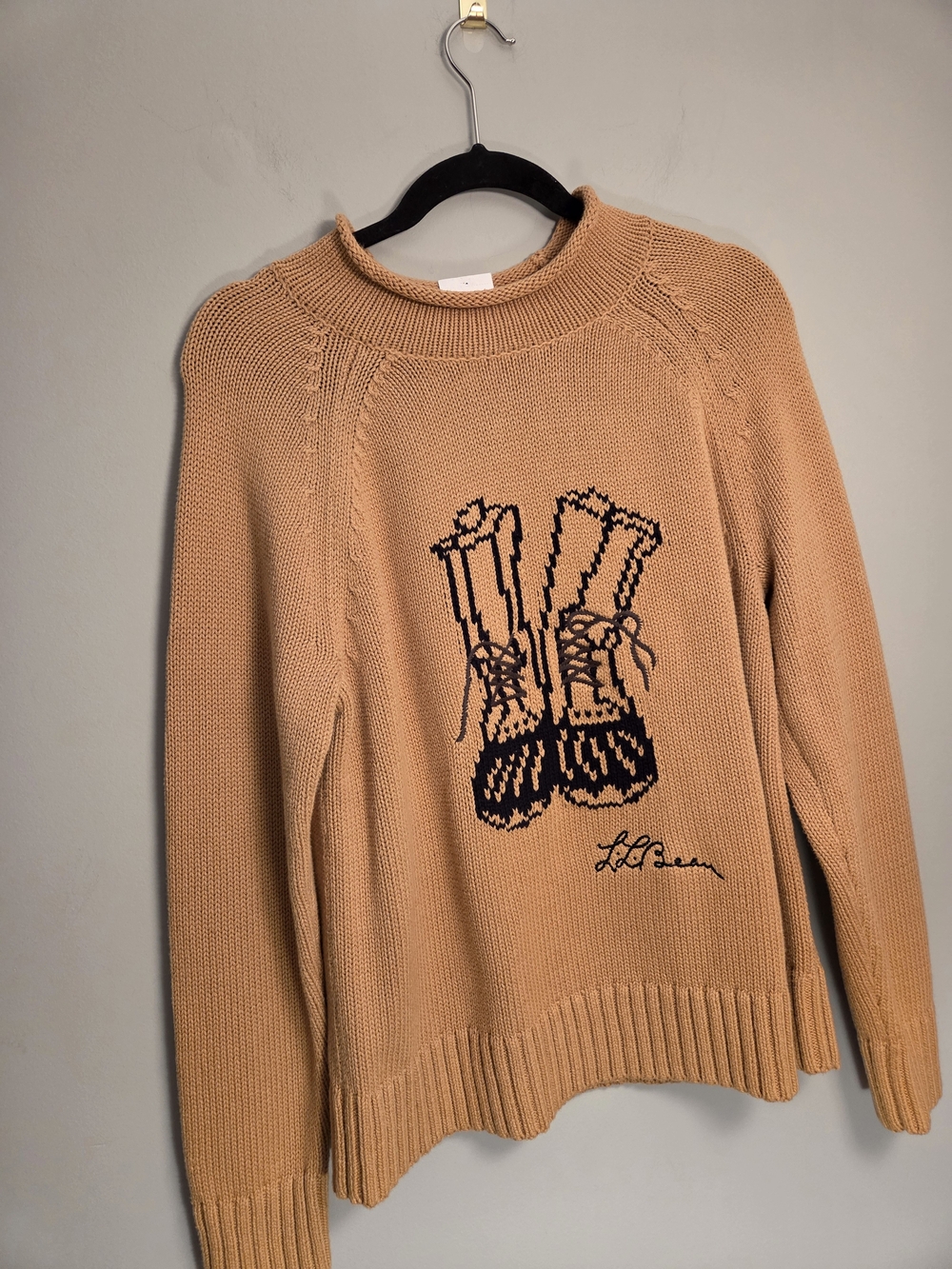 L.L. Bean Camel Knit Crewneck Sweater with Black Boot Graphic